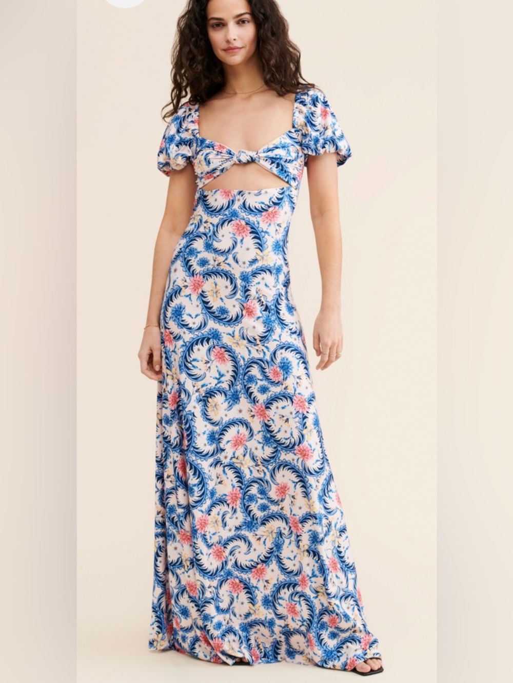 Agua Bendita Blue and Pink Cutout Puff-Sleeve Maxi Dress